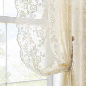 FINECITY Beige Lace Curtains 54 Inch Length for Bedroom Dining Room, 2 Panels Rustic Leaf Floral Vintage Sheer Lace Curtains, Rod Pocket Privacy Window Antique Sheer Lacy Curtains Drapes, 52 x 54 Inch