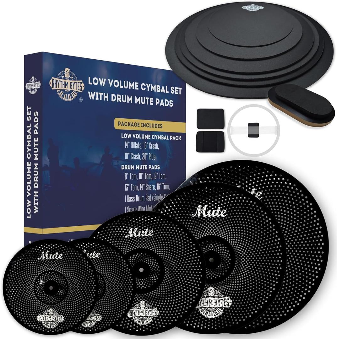 Rhythm Bytes Low Volume Cymbal Pack with Drum Silencer Pads, 12pcs, Cymbals Set - 14"/ 16"/ 18"/ 20", Drum Mute Pads - 10"/ 12"/ 13"/ 14"/ 16", 1 Bass Mute, Free Carry Bag, Black Rhythm Bytes Low Volume Cymbal Pack with Drum Silencer Pads, 12pcs, Cymbals Set - 14"/ 16"/ 18"/ 20", Drum Mute Pads - 10"/ 12"/ 13"/ 14"/ 16", 1 Bass Mute, Free Carry Bag, Black