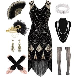 1920S Women Flapper Dress V Neck Sequin Fringed Dress Cocktail Dress with Roaring 20s Accessories (Medium, Black-gold)