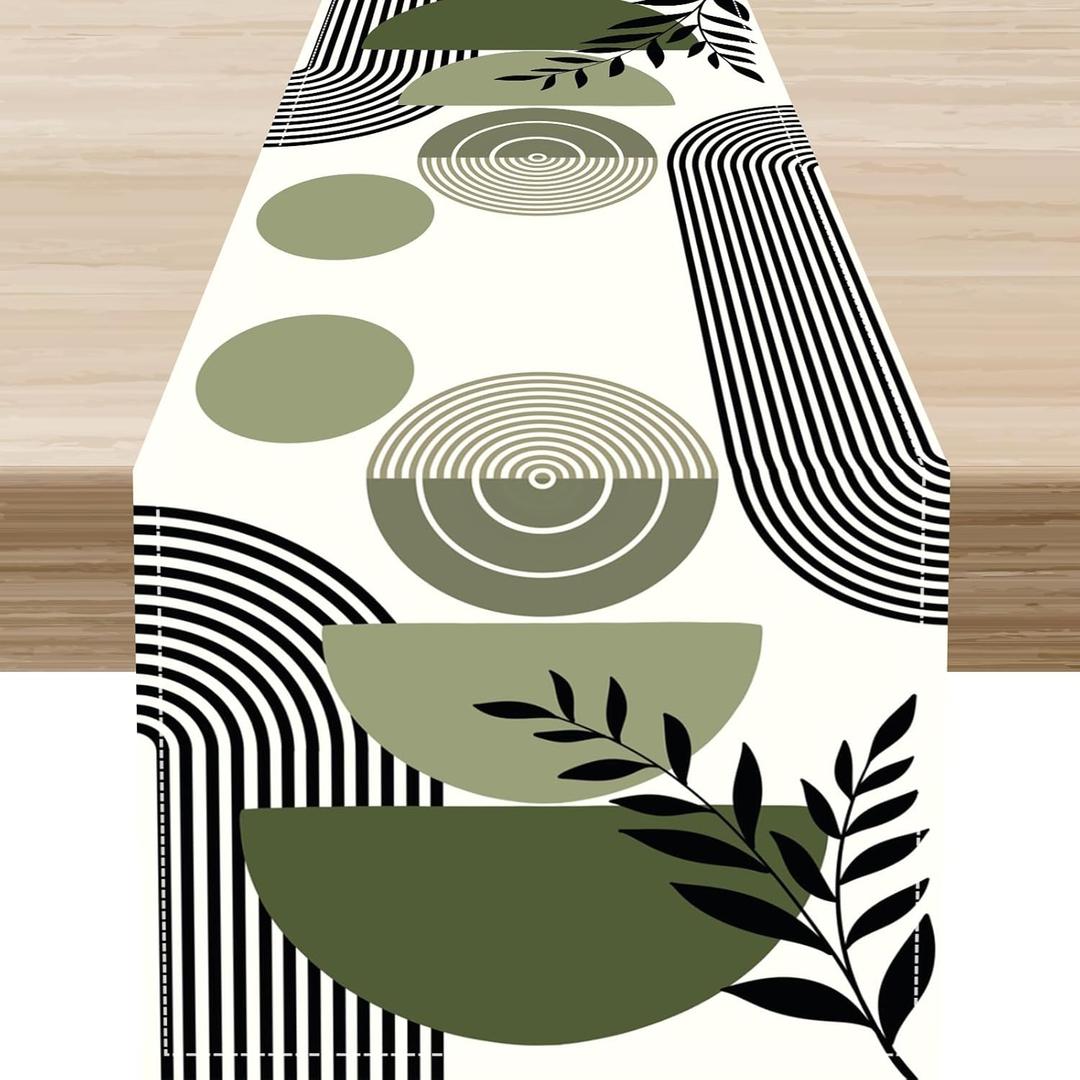 Green Mid Century Table Runner, Boho Abstract Leaves Arch Geometric Modern Table Decor ations for Kitchen Living Room Home Party Decor 13x36 inch