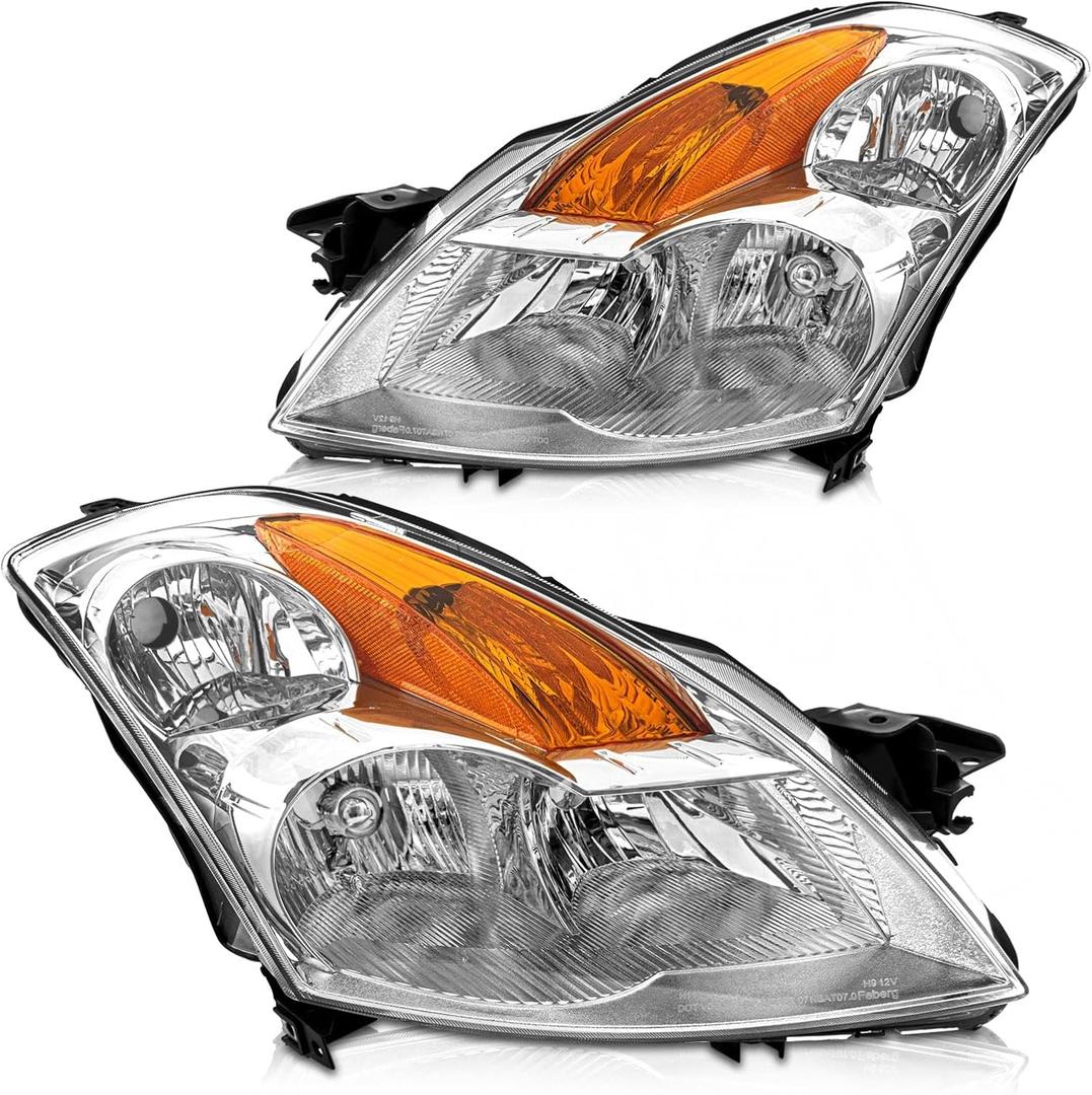 Headlight Assembly for 2007 2008 2009 Nissan Altima Sedan 4-Door Chrome Housing Amber Reflector Clear Lens Headlamps Replacement Driver and Passenger Side