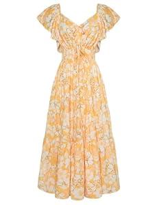 GRACE KARIN Womens 2025 Floral Summer VNeck Ruffle Sleeve Empire Waist ALine Casual Maxi Tiered Dress with Pockets Yellow White Flower XL