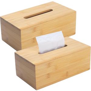 Tissue Box Cover, Rectangular Tissue Box Holder, Bamboo Facial Paper Holder for Bathroom, Bedroom, Dinner Table, Office (2 Pack, 9.8 x 5.5 x 3.7 inch)