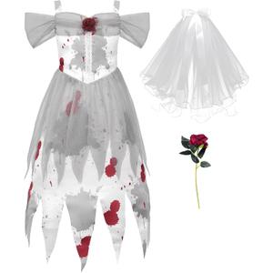 ReliBeauty Ghost Zombie Bride Costume for Girls with Veil and Flower (White)
