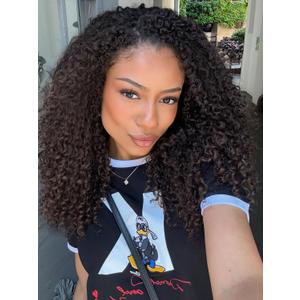 HUA Curly Half Wig Upgrade 3 IN 1 Half Wig With Drawstring Seamless Clip Ins Flip Over Kinky Curly Half Wig Protein Synthetic Hair Boast Human-Hair-Like Touch 180% Density 18 Inch Medium Brown Color (#4)