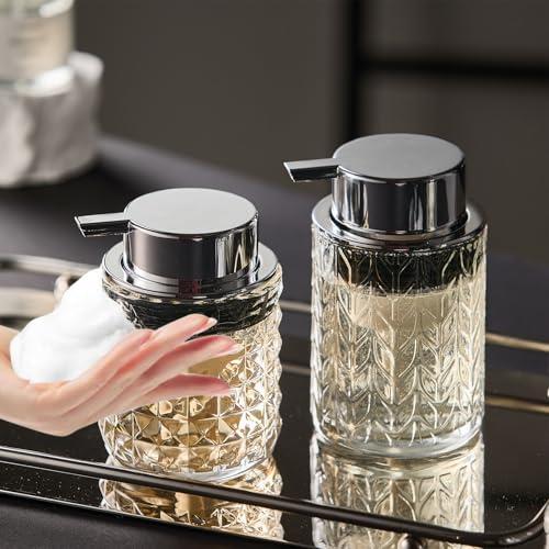 Plouta Foaming Soap Dispenser 2 Pack, Foam Hand Soap Dispenser for Bathroom Kitchen Liquid Refillable Clear Glass Bottles with Silver Pump(Diamond Pattern-Clear)