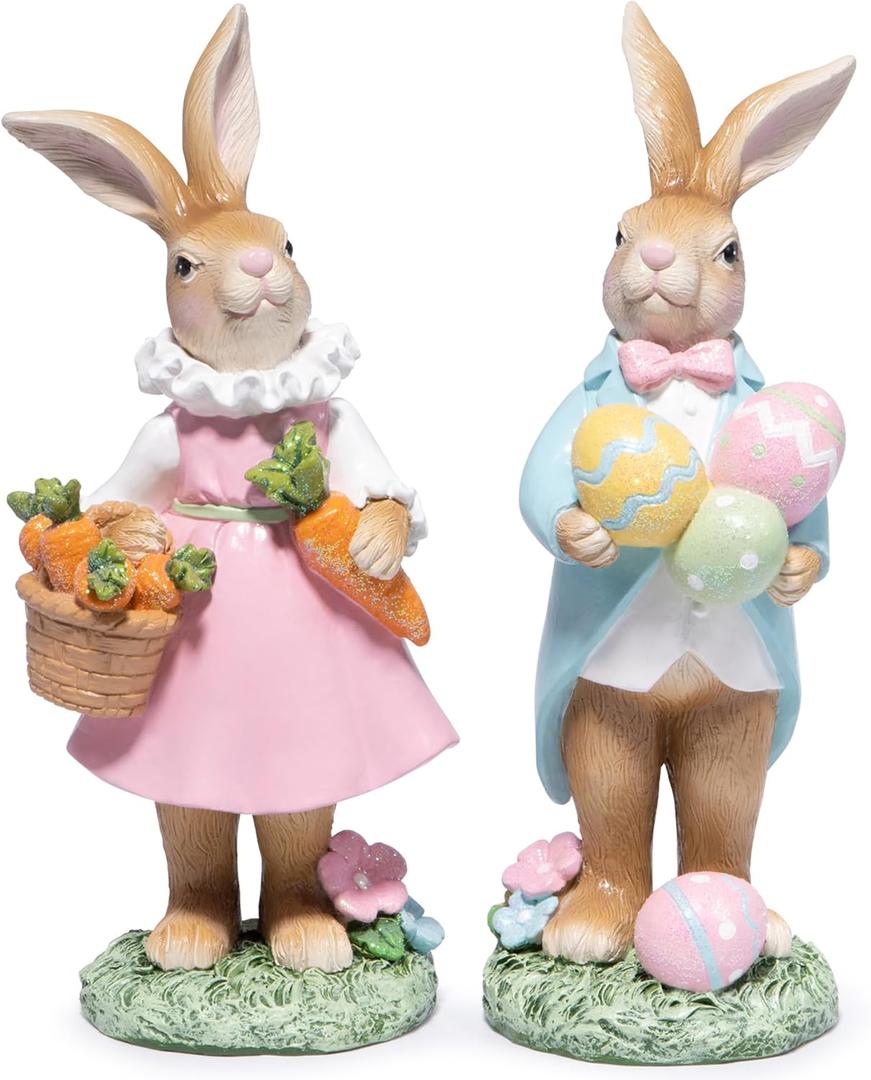 Hodao Easter Bunny Decoration Spring Rabbit Decor Gifts Handcrafted Resin Figurines Colorful and Charming Spring Decor for Home, and Holiday Celebrations (Set of 2) (Brown)