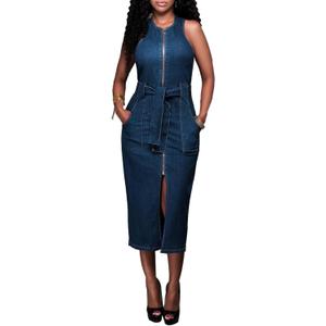 ECDAHICC Women's Sexy Jeans Dress Sleeveless Tank Denim Bodycon Dress Slit Belted Summer Blue Zipper Party Club Midi Dress (Medium)