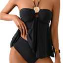 Verdusa Women's 2 Piece Halter Y2K Tankini Set Metal Peplum Flowy Tops with Panty Beach Outfits, XL