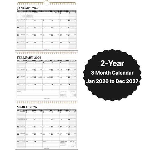 Wall Calendar 2026-2027, 3 Month Vertical Calendar, Move-a-Page, 2 Year from January 2026 - December 2027, 11’’ x 25’’, Large Monthly Hanging Calendar with Ruled Blocks, Thick Paper, Notes