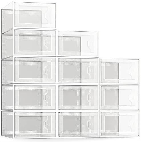 SEE SPRING 12 Pack Shoe Storage Box, Clear Plastic Stackable Shoe Organizer for Closet, Space Saving Foldable Shoe Rack Sneaker Container Bin Holder