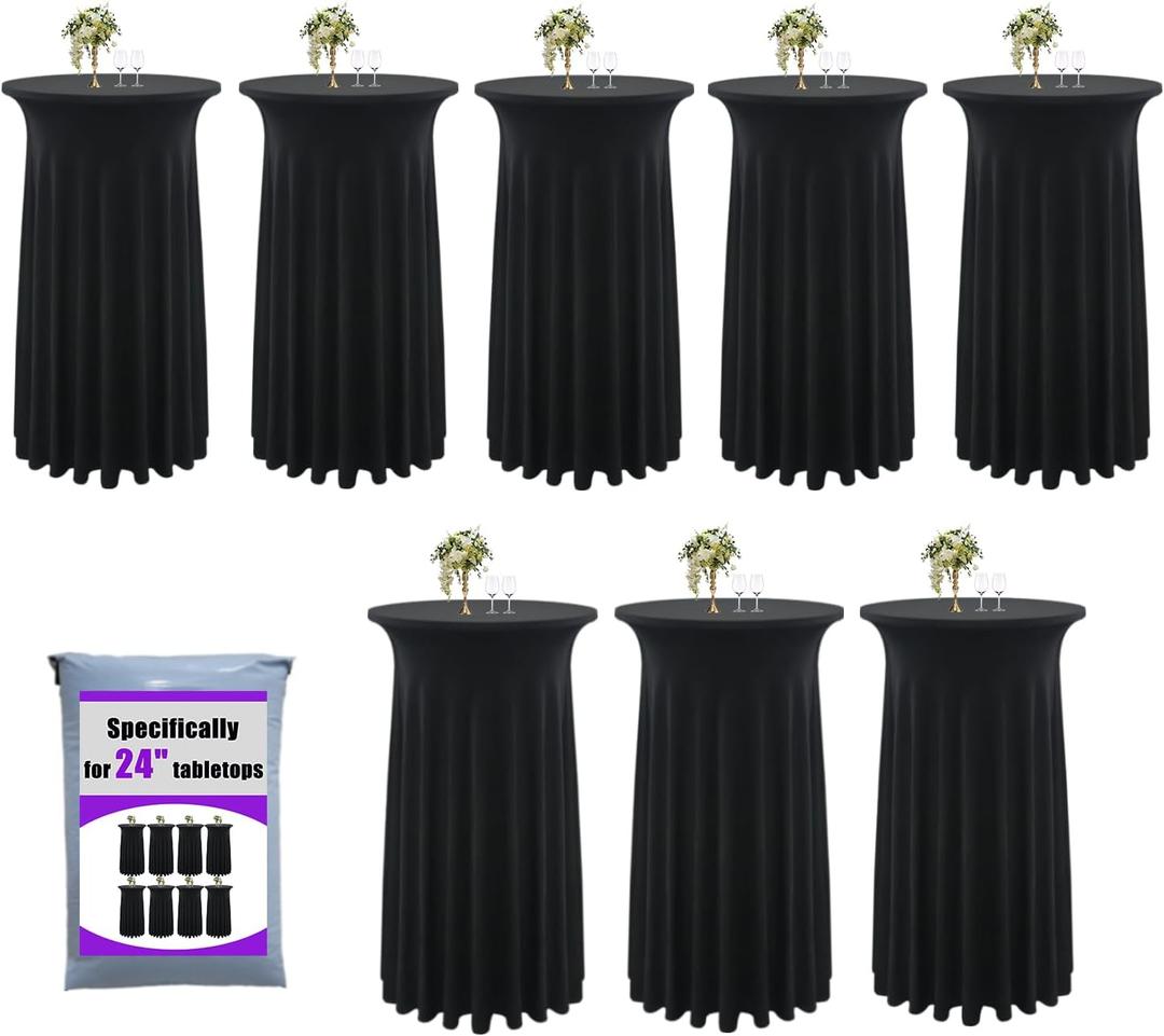 Yoquare 8-Pack 24"x43" Black Round Cocktail Table Skirts | Stretch Spandex Fitted Tablecloths | Stain-Resistant, Wrinkle-Resistant, and Machine Washable for Bars, Weddings, Parties, and Banquets
