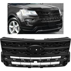 HECASA Grille Compatible with 2018-2019 Ford Explorer Base/Limited/Platinum/Sport/XLT Sport Utility 4-Door Front Bumper Upper Hood Grill Shell Painted Black Replacement for FO1200625