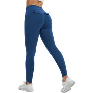 baleaf Workout Leggings for Women with Pockets Drawstring Tummy Control Scrunch Butt 7/8 Ankle Petite Yoga Pants Running (Blue, L)