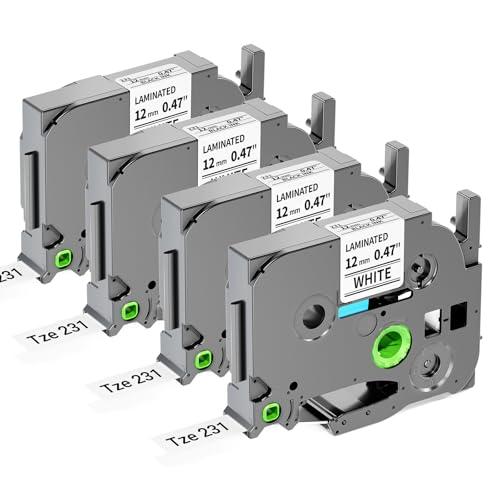 Compatible with Brother P Touch TZe-231 Label Maker Tape, 12mm 0.47” Laminated White 1/2" TZ Tape for PT D210 D220 H110 P710BT, Black on White 4-Pack Label KINGDOM TZE231