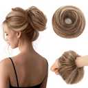 MY-LADY 100% Human Hair Messy Bun Hair Piece, Natural Wavy Messy Buns Hair Pieces for Women Hair Buns with Elastic Band Updo Ponytail Extension Medium Brown Mix Bleach Blonde (Straight)