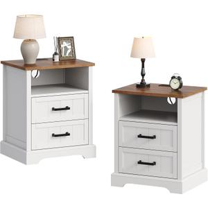 ChooChoo Farmhouse Night Stands with Charging Station, Wood Nightstand Set of 2 with 2 Drawers, Bedside Table with Open Storage Shelf for Bedroom, White, 19.7 inches x 15.7 inches x 23.6 inches