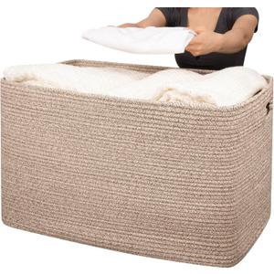 OIAHOMY 118L XXXLarge Cotton Rope Storage Basket, Oversized Blanket Basket, Used for Organizing Dirty Clothes in Living Room, Bedroom, Nursery, Dog Toy Storage Bins, 25" x 17" x 16",Brown variegated