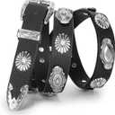 Western-Concho-Cowboy-Belts for Women - PU-Leather Thin Rivet Cowgirl Studded Belt for Jeans(for 29-38''Wasit) (Black)