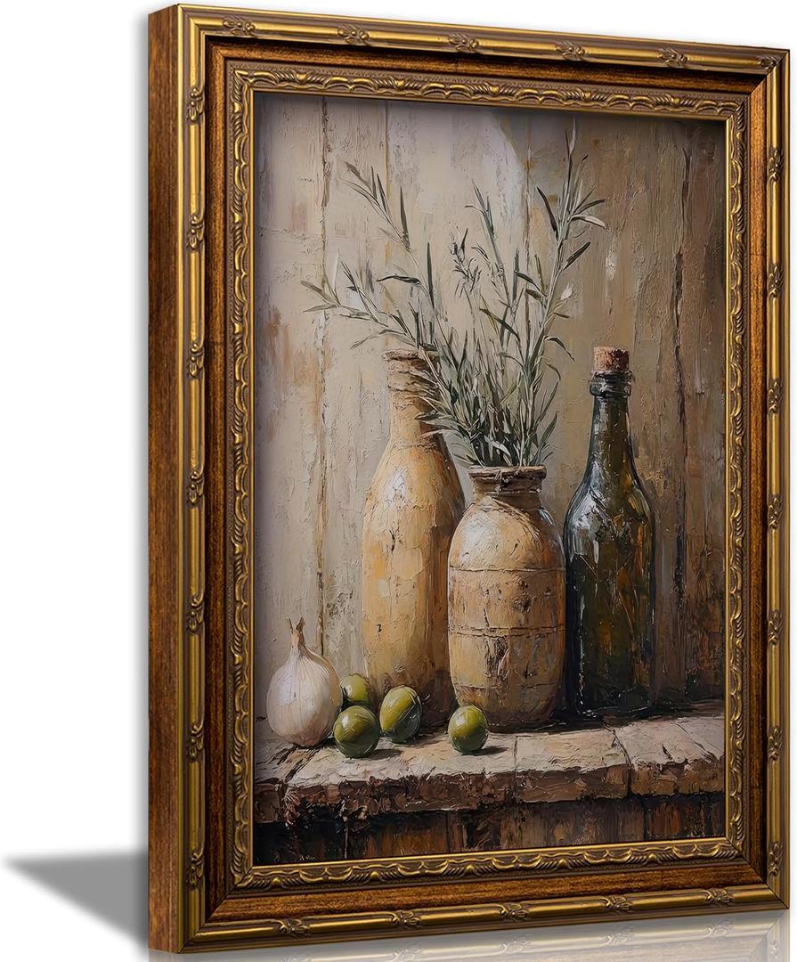 Vintage Gold Framed Wall Art Rustic Still Life Canvas Wall Decor Vintage Olive & Ceramic Vase Oil Painting Print Antiqu Kitchen Still Life Picture Artwork for Farmhouse Dining Room Decor 16x24in