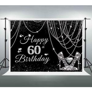 Black and Silver Happy 60th Birthday Banner for Woman Glitter Pearls Curtain Diamond High Heels Party Decoration Sparkle Facula Noble Photography Background Photo Studio Props (5x3ft)