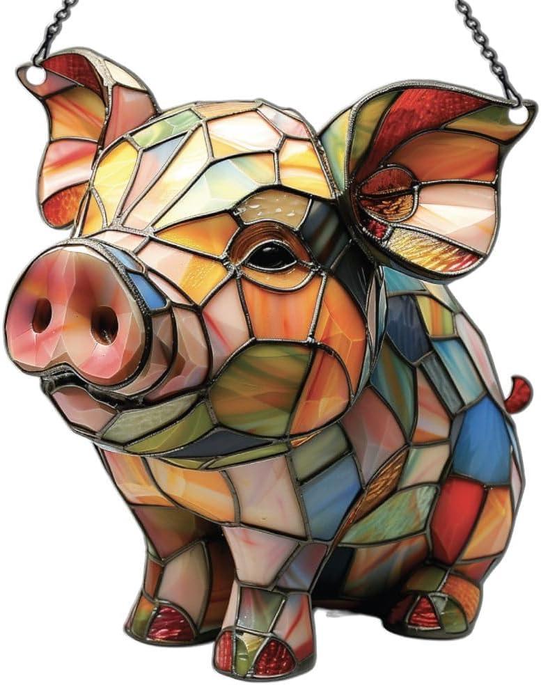 Pig Ornaments Decor for Window Hanging, Pig Lover Gifts for Women Men, Farm Animal Home Wall Room Decorations, Christmas 2D Flat Acrylic Ornamnet (4in)