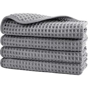 POLYTE Microfiber Lint Free Washcloth Face Towel, 13 x 13 in, 4 Pack (Gray, Waffle Weave)