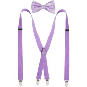 Alizeal Men's 4 Clips X-Back Solid Suspenders Pre Tied Bow Tie Set Elastic Adjustable Braces (Purple)