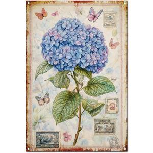 Original Vintage FlowersTheme Wall Art Print Poster, Funny Retro Classic Art Wall Decoration, Garage/Man Cave/Room Tin ​Metal Signs Artwork (D - Blue Hydrangea, 12" x 8" x 0.08", Unframed)