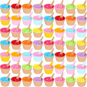 60 Pack Ice Cream Bowls Spoons Set Plastic Ice Cream Cups Cartoon Candy ColorDessert Sundae Frozen Yogurt Bowls for Kids DIY Baking Summer Holiday Birthday Party Supplies