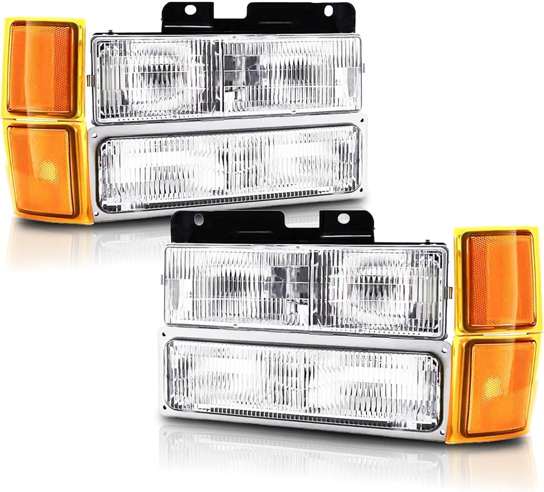 Headlights Assembly Compatible With 1994 1995 1996 1997 1998 OBS Chevy Silverado C/K 1500 2500 3500 Suburban, 95-99 Tahoe Headlamp w/Bumper Light,Factory Style