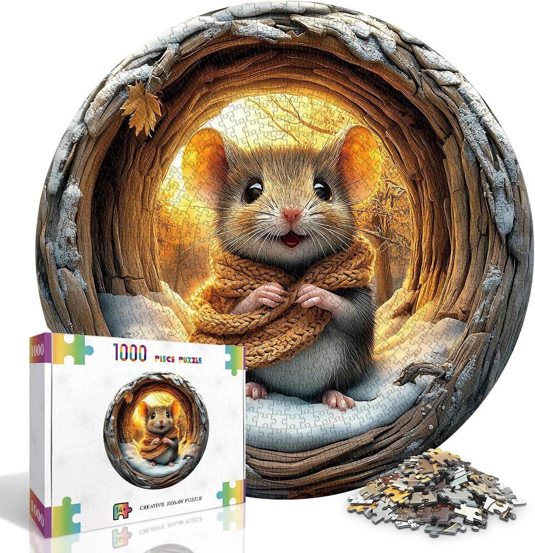 Round Puzzles for Adults 1000 Pieces, Hard Difficult Challenging Puzzles for Adults, 3D Cave Mouse Jigsaw Puzzles 1000 Pieces for Seniors, 3D Visual Flat Puzzle (26.6 x 26.6in)