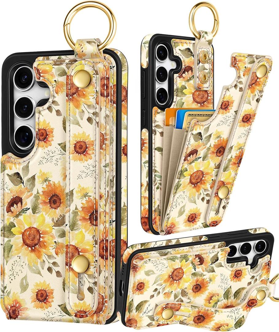 Petitian for Samsung Galaxy S25/S24 Case with Wallet - Women Girls Cute Girly Aesthetic Unique Design with Leather Credit Card Holder Cardholder Stand Wristband, Sunflower