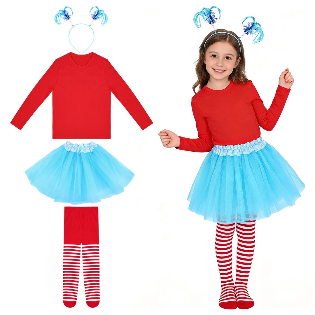 Cinpode 4 Pcs Tulle Tutu Costume Accessories Set T Shirt Striped Tights Tutu Skirt Ponytails Headband for Girl Kids Cosplay Party Blue (XL)