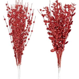 CristBest 24-Pack Christmas Tree Picks Ornaments, Artificial Glitter Berry Stem Glittery Twigs Ornaments for Christmas Tree Decorations, Small Vase, Holiday, Wedding, Party Decorations (Red)
