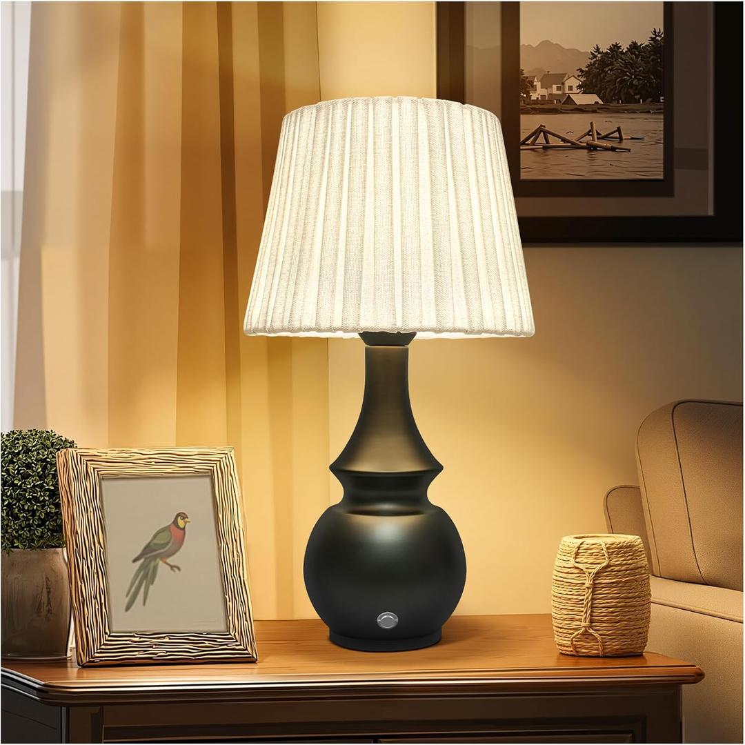 Black Cordless Lamp, Bedside Night Light, 4400mAh Battery Operated Lamp, Touch Lamps for Nightstand with Linen Shade, Rechargeable Table Lamp for Living Room,Dining,Office(Bulb Included) (Metal, 14.25 inch)