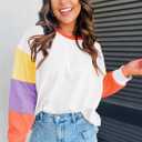 miduo Womens Long Sleeve Tops Color Block Stitching Casual Loose Fit Crew Neck Shirts Blouses (White, XL)