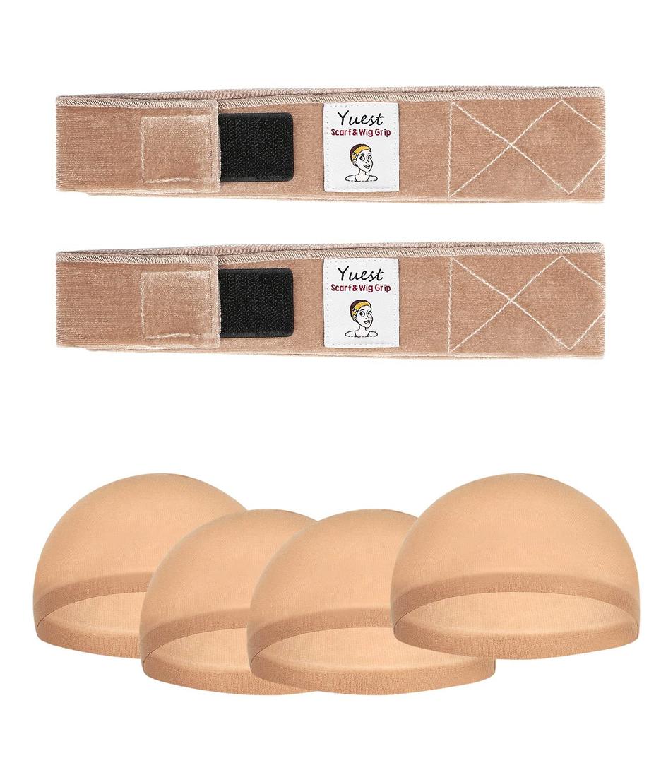 2 Pack Wig Grip Band - Velvet Wig Grips Adjustable Headband Stay Put No Slip Edge Saver (Beige+4 pcs Wig Cap)