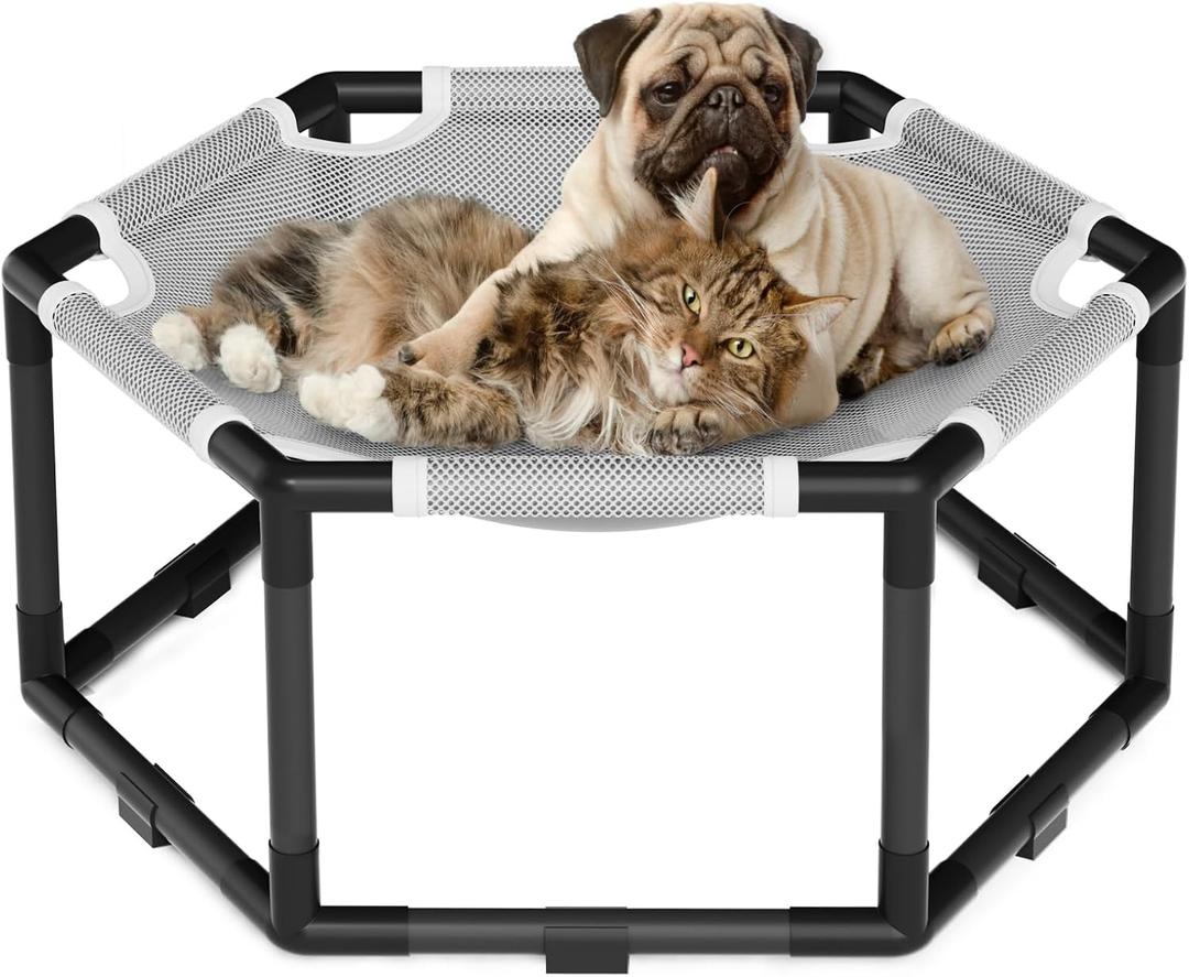 Tresbro Elevated Cat Hammock Bed, Hexagon Raised Cat Swing Bed for Indoor and Outdoor Use with Breathable Fabric & Anti-Slip Block, 23.6'' x 10.6'' x 12'' Pet Chair for Large to Small Kitty Cot (Grey)
