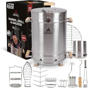 Barrel Smoker Grill Combo | 100% 304 Stainless Steel Barrel | 95% Less Smoke, Even Heat | Easy to Use & Clean Vertical Smoker Ideal for Balconies and Backyards (LARGE-35 LBS)
