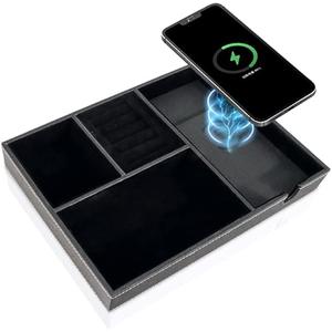 Leather Jewelry Tray with Wireless Charger - Nightstand Organizer for Phone, Wallet, Keys, Sunglasses, Watches, Jewelry, and More (Black, Medium)