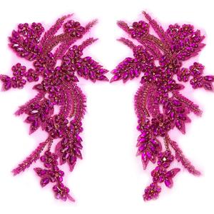 Hand-Made Beaded Rhinestons DIY Clothing Appliques Patch,Beaded Applique for Jeans Jacket Shoes Bags Bells and Other DIY Projects Decoration Hot Pink Beading Flower Applique by Pair (Hot Pink-B)