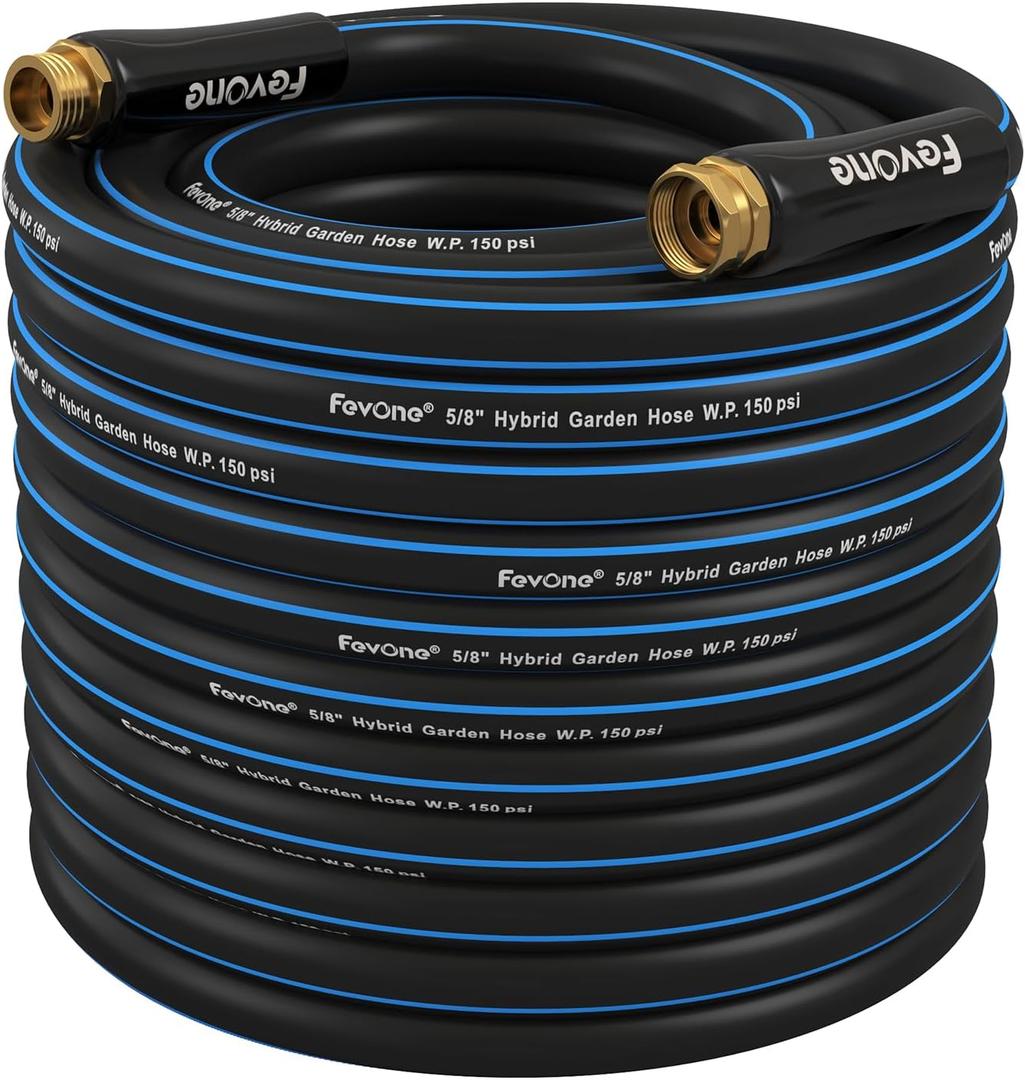 Fevone 100ft Heavy Duty Garden Hose  5/8" ID, 600 PSI, Hybrid Polymer Water Hose, Kink-Resistant, Flexible, Durable, 3/4" GHT Solid Brass Fittings