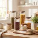 SiliFine 6 Set Glass Pantry Storage Jar with Acacia Airtight Lid 3 Size Glass Storage Container Jar for Pasta Spaghetti Cereal Coffee Bean Flour Sugar Rice, 17oz, 35oz, 53oz (Wood Lid)