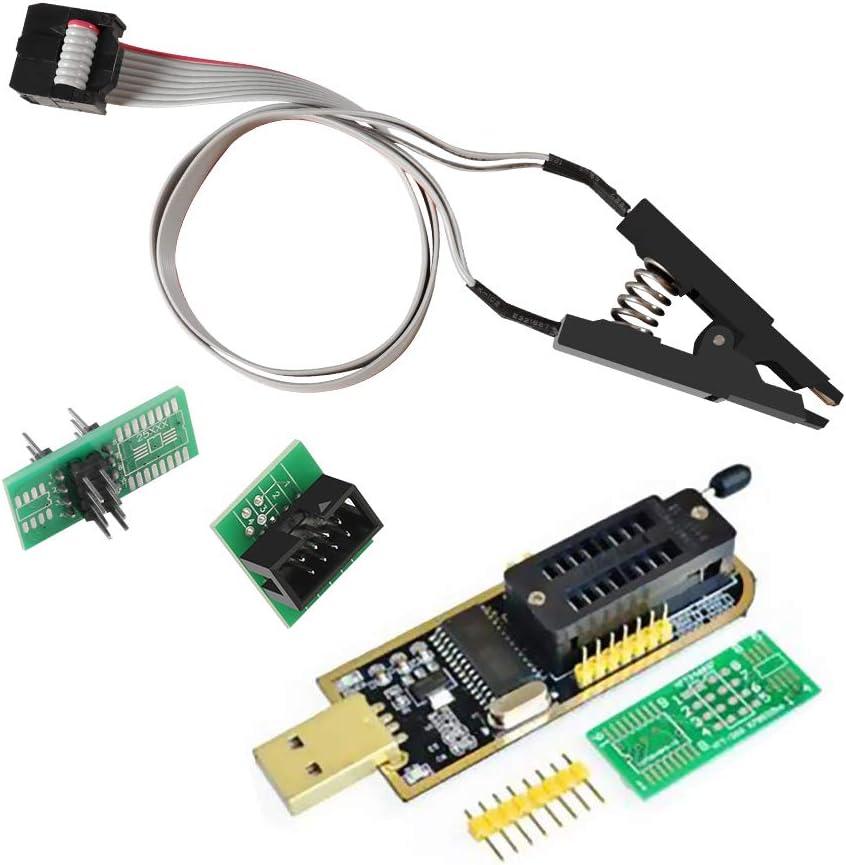 SOIC8 SOP8 Flash Chip IC Test Clips Socket Adpter Programmer BIOS + CH341A 24 25 Series for EEPROM Flash BIOS USB Programmer Module (Double Clip+ USB)