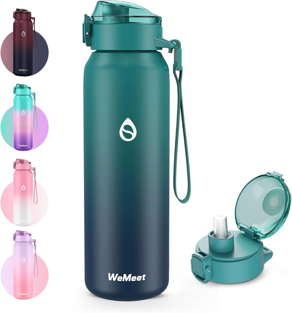WEMEET 32oz Water Bottle with Removable Straw and Spout Lid Two Ways to Drink, 18/10 Stainless Steel Insulated Water Bottle, BPA-Free, Leak Proof, Double wall, for Sports, Gym (16.9 Ounces, BLUE BLUE)