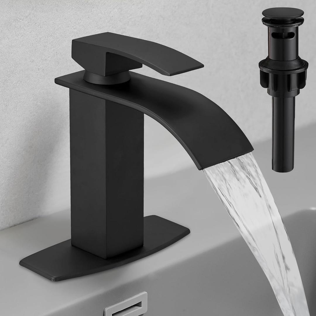 Hoimpro Black Waterfall Bathroom Faucet with cUPC Supply Lines, Single Handle Bathroom Sink Faucet with Pop-up Drain, Rv Vanity Vessel Faucet with Deck Plate, Matte Black