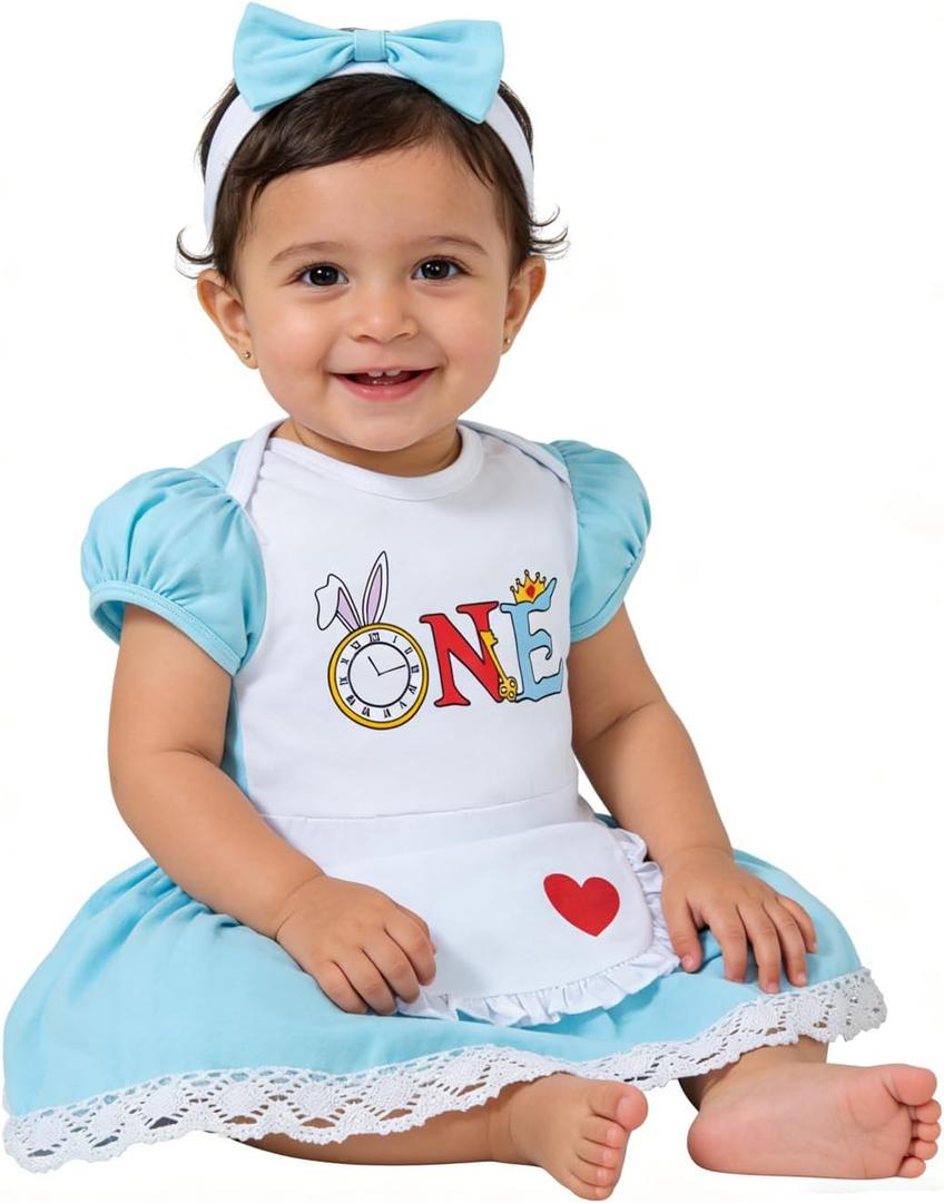 LATOBREATH Toddler Baby Girls Princess 1st Birthday Alice Outfits Dress Romper With Headband Skirt Photo Props (6-12M, Blue)