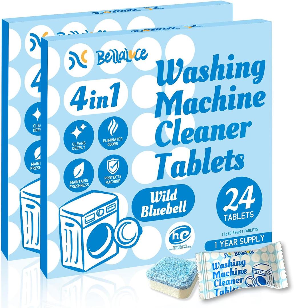 Washing Machine Cleaner Tablets Deodorizer-48 Pack Deep Cleaning Washer Descaler Freshener-Dirt Buildups Stain Odor Remover Spotless -Top Front Load HE Machines Wild Bluebell Foaming 2 Year Supply