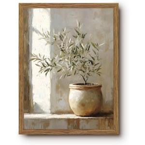 Vintage Framed Olive Tree Canvas Wall Art, Neutral Botanical Pictures Wall Decor, Rustic Potted Plant Paintings Prints, Organic Modern Farmhouse Artwork for Living Room Bedroom 16x24 Inch